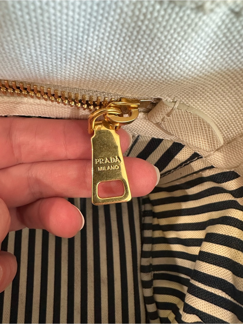 Authentic Prada Canapa Small Tote in ivory/cream canvas w/ gold hardware & strap - Picture 11 of 16